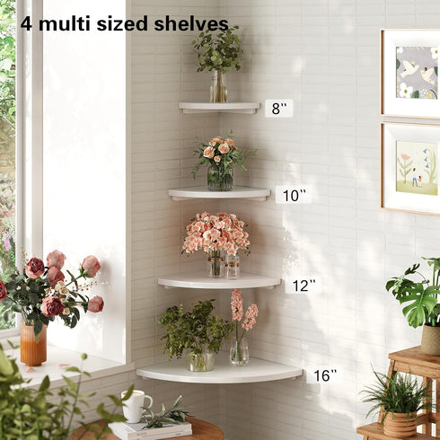 12", 2-Pack Floating Corner Shelves White Solid Oak Wall Mounted Wooden Display Storage Rack with Wire Hole for Plants
