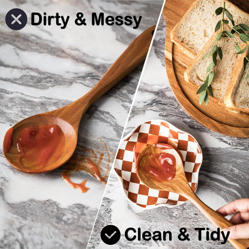 Spoon Rest for Stove Top, Checkered Ceramic Spoon Holder for Kitchen Counter