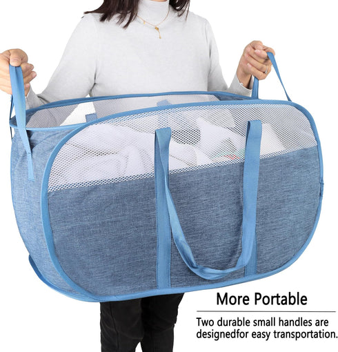 Pop Up Laundry Hamper with Durable Handles, Collapsible Basket for College Dorm, Kids Room, Travel (Blue+Gray)