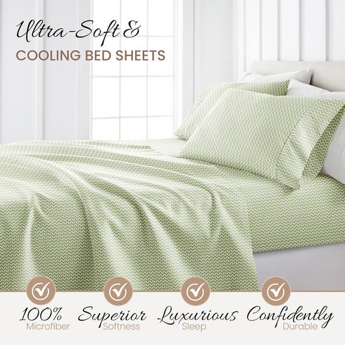 Linen Market Double-Brushed Microfiber Queen Sheet Set - 4 Piece, Oeko-TEX Certified, Puffed Chevron Sage