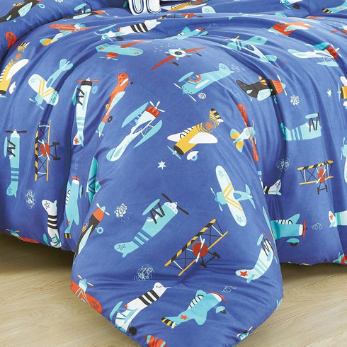 Set Blue Airplanes print Comforter for Boys Girls teen. Twin size Bedding for kids room. Include Twin comforter fitted