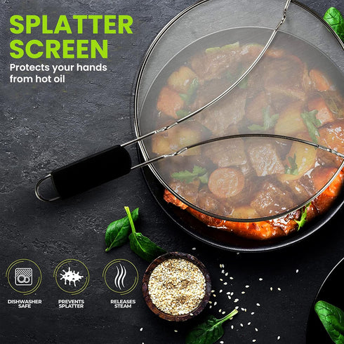13" Grease Splatter Screen for Cooking, Stainless Steel Oil Guard, Ultra-Fine Mesh, TPR Tight-Grip Handle (Black)