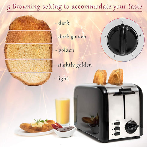 Moss & Stone 2 Slice Toaster, 1.5in Extra-Wide Slot Toaster For Bagel & Defrost with 5 Shade Settings, Bread Toaster 2 Slice With Removable Crumb Tray (black toaster) by Moss & Stone