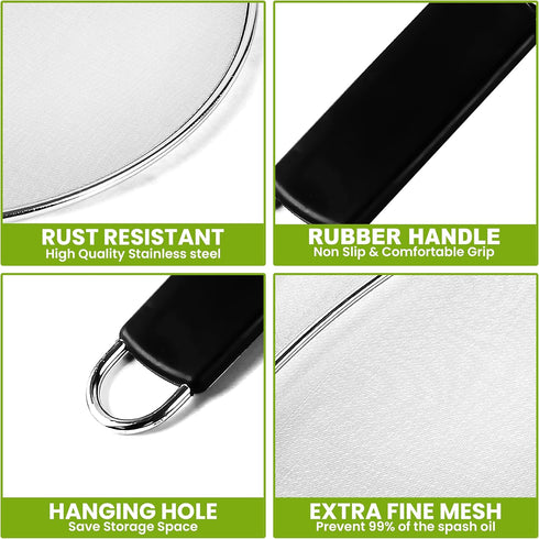 13" Grease Splatter Screen for Cooking, Stainless Steel Oil Guard, Ultra-Fine Mesh, TPR Tight-Grip Handle (Black)
