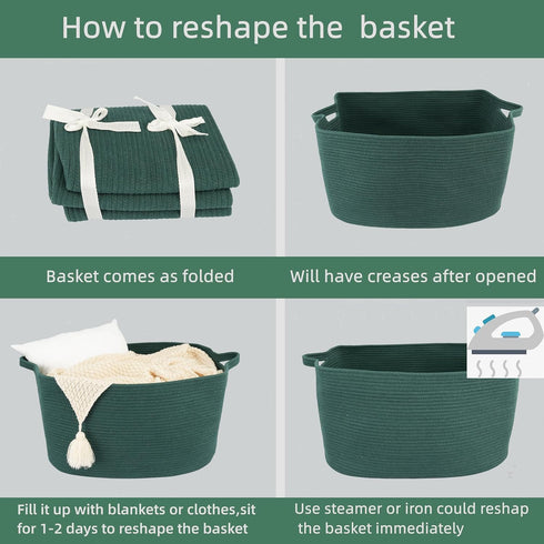 Large Rectangle Blankets Basket, 22"x17"x12" Woven Cotton Rope Storage Basket for Nursery Toy Basket, Dark Green