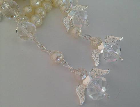 25 Pc Ivory Color Baptism Favors with Angels, Mini Rosaries, Silver Plated Acrylic Beads