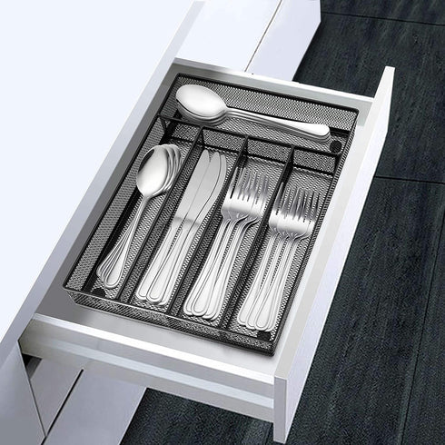 LIANYU Silverware Utensil Drawer Organizer - 5 Compartments Steel Mesh Tray with Foam Feet, Black