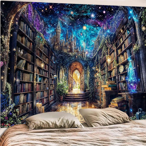 Lunerfex 60x45 Inch Fantasy Library Tree of Life Wall Tapestry, Magical Bookshelf Tapestries for Room Decor, Enchanting
