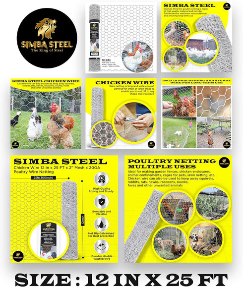 12 25 2 20GA PM12x25x2 Chicken Wire in x FT x Mesh x | Poultry Wire Netting | Hot Dipped Galvanised | Hexagonal