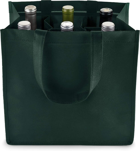 True Wine Shopping Bag - 6 Bottle Tote with Divider Insert, Reusable Green Carry Bag