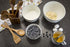 Tablecraft Elements Collection Utensil Set with Holder, 5" x 6.5" x 11.5", Marble/Acacia
