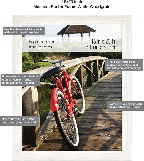 MCS Museum Poster Frame 16x20, White Woodgrain, Vertical & Horizontal Wall Hanging for Photos & Art Prints