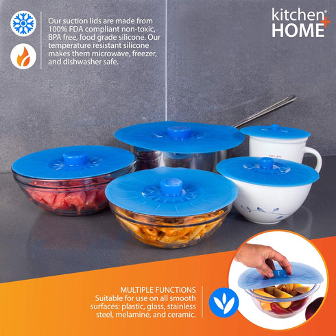 Kitchen + Home Silicone Suction Lids and Food Covers - Set of 5 for Various Sizes