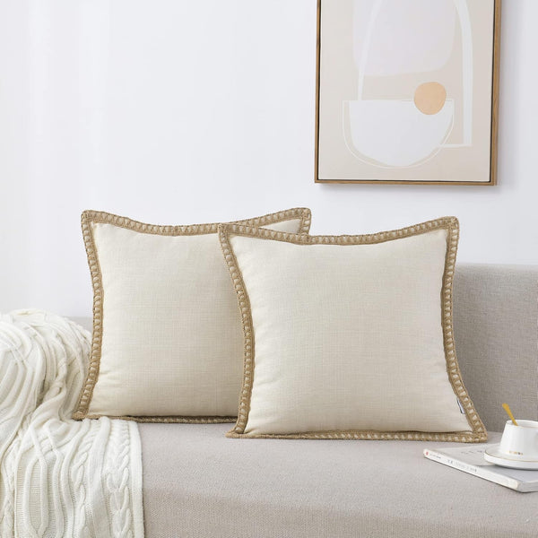 NordECO HOME Set of 2 Throw Pillow Covers, Burlap Linen Trimmed, Decorative Cushion Covers, 20 x 20