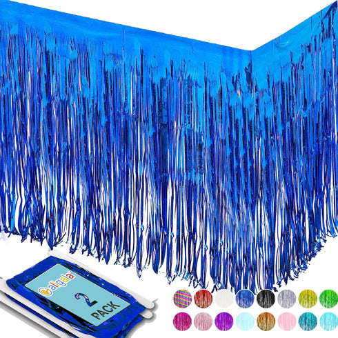 allgala Blue Tinsel Table Skirt 2-Pack, 29x108 Inch Metallic Foil Fringe for Party Decor