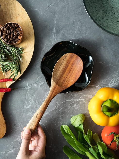 Cute Black Ceramic Spoon Rest for Kitchen Counter, 5.3" Spatula Holder for Multiple Utensils, Farmhouse Decor