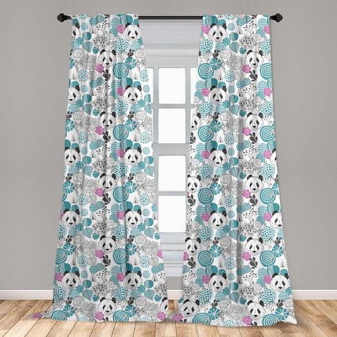 Lunarable Panda Window Curtains, 2-Panel Set with Portraits of Chinese Bears on Sketch Flowers, 28" x 63", Blue Grey