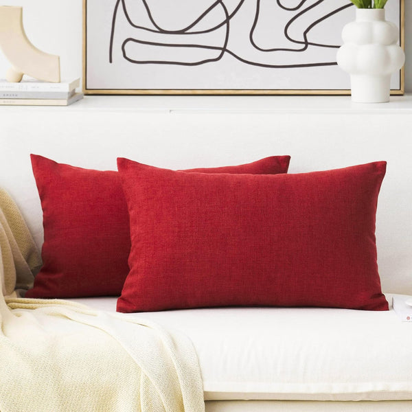 Home Brilliant 12x20 Lumbar Pillow Covers, Dark Red Cushion Covers for Kids Room, 2 Pack, Burgundy Linen