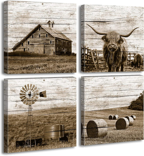 DJSYLIFE Highland Cow Wall Art - Rustic Farmhouse Canvas Poster for Men's Bedroom Office - 12" Wx12 Hx4
