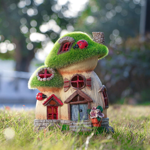 TERESA'S COLLECTIONS Mushroom Garden Statues with Outdoor Solar Light for Garden Decor, Green Flocked Decorations Resin