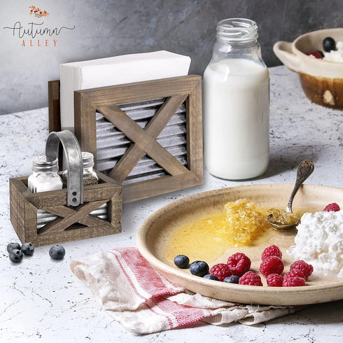 Autumn Alley Wooden Napkin Holder - Classic Barn Door Design with Galvanized Metal - Rustic Farmhouse Kitchen Décor