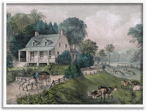 Stupell Industries Classic Countryside House Painting, Roaming Farm Animals Framed Wall Art by Daphne Polselli
