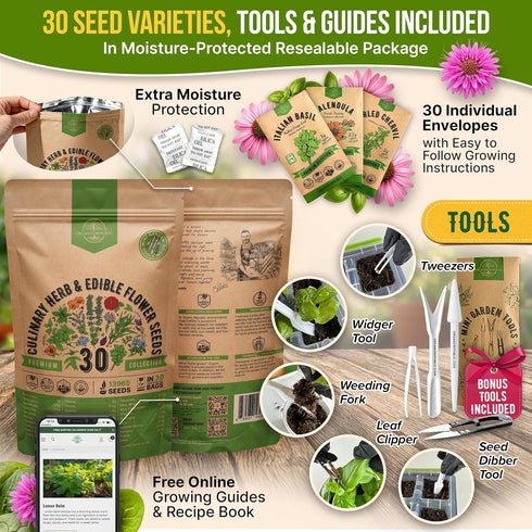 30 Pack- 14000+ Organo Republic Culinary Herbs & Edible Flower Seed Variety Indoor/Outdoor. Non-GMO Heirloom Flower