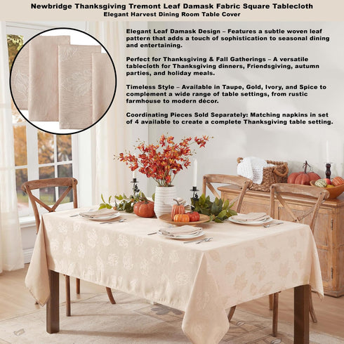 52 52 Inch, Newbridge Taupe Tremont Leaf Damask Square Fabric Spring Lodge Tablecloth, x Elegant Holiday Swirling Leaf