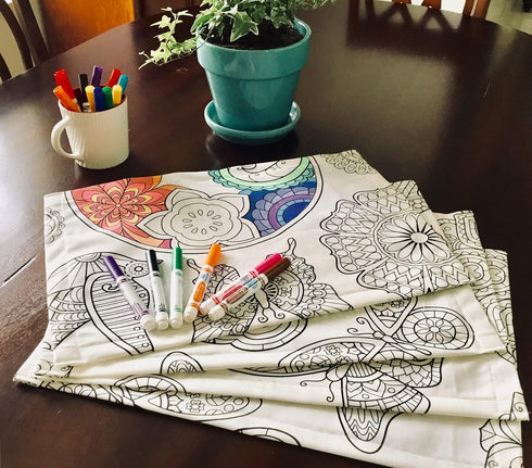 Mandala Design Set of 4 Placemats, Interactive Coloring Placemats for Kids, Washable and Reusable DIY Activity