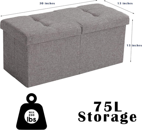 CUYOCA Storage Ottoman Bench, Foldable Seat Footrest with 75L Storage Space, Grey Linen Fabric