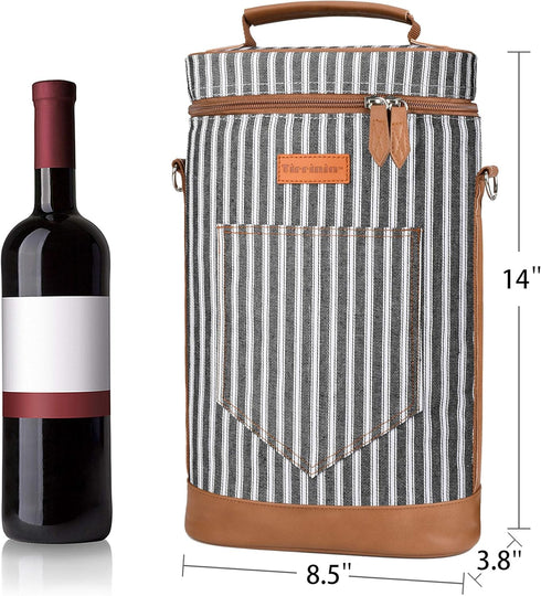 Tirrinia 2 Bottle Wine Gift Tote Carrier, Leakproof & Insulated Padded Wine Cooler Bag for Travel, Black Stripe