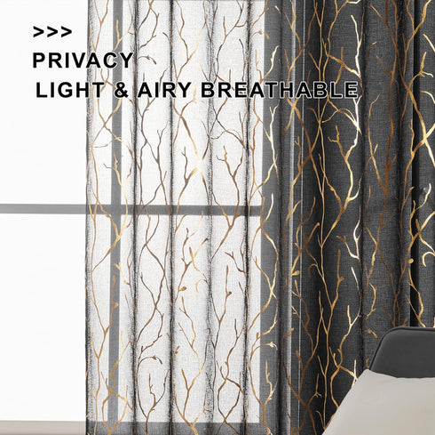 FINECITY Black Gold Sheer Curtains, Metallic Gold Foil Tree Branch, 63 Inch Length, Set of 2