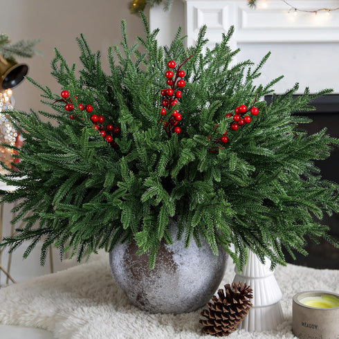 florisso Artificial Faux Christmas Norfolk Pine Stems Branches for Vases,12 Bundles Fake Evergreen