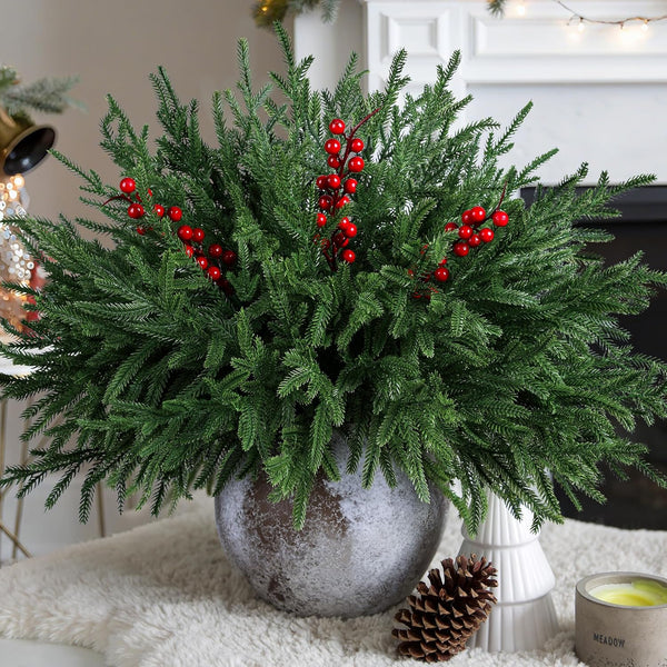 florisso Artificial Faux Christmas Norfolk Pine Stems Branches for Vases,12 Bundles Fake Evergreen