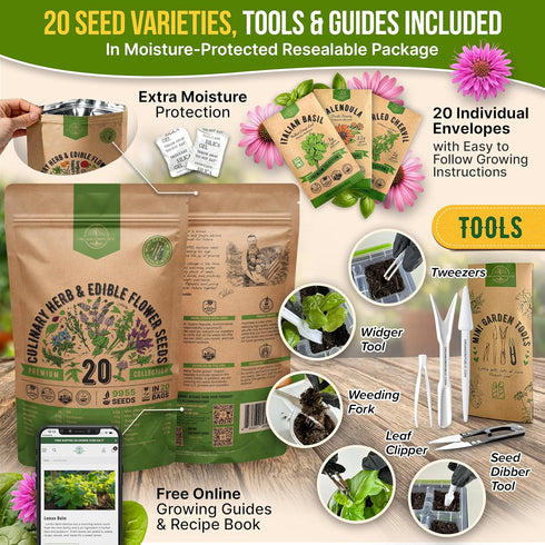 20 Pack 9500+ Culinary Herbs & Edible Flower Seed Variety for Planting Indoor & Outdoors. Non-GMO Heirloom Flower