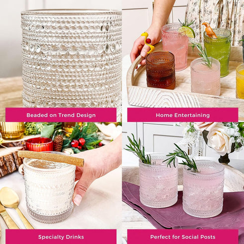 Set 6, 10 oz Kate Aspen Beaded Drinking Glasses of Retro Vintage Glassware - Boho Cocktail Water Juice Glasses, Hostess