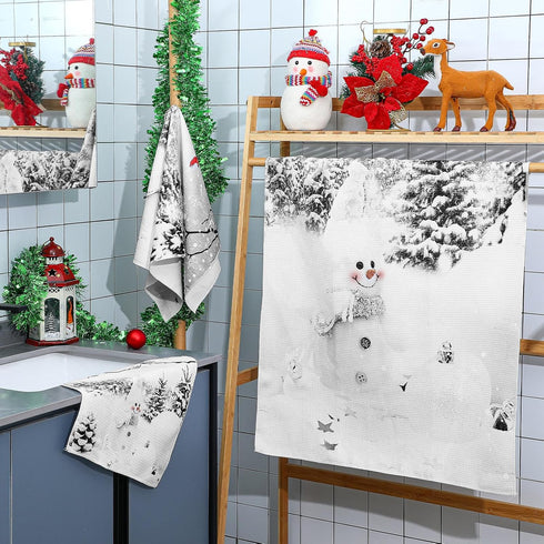 3 Pack Set Preboun Christmas Snowman Bathroom Towels Grey Winter Forest Hand Towels Snowflakes Bath Towels Cardinal