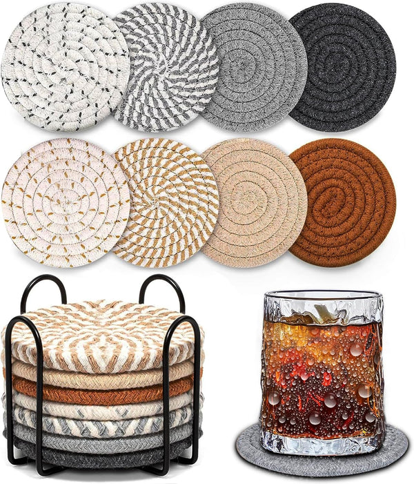 Windran Woven Coasters Set of 8, Absorbent Drink Coasters with Holder, Boho Cotton