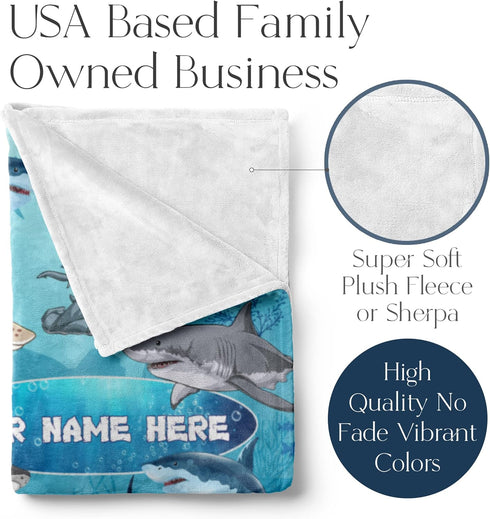 50x60) Personalized Shark Blanket for Kids - Ships Next Day and Made in USA - Soft Fleece Throw Bed, Cute Room Decor