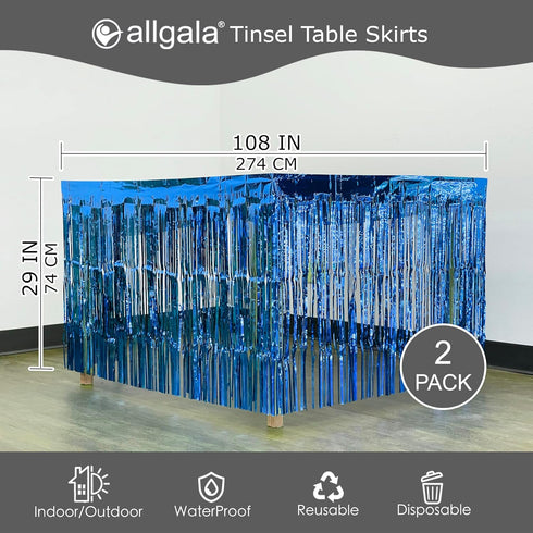 allgala Blue Tinsel Table Skirt 2-Pack, 29x108 Inch Metallic Foil Fringe for Party Decor