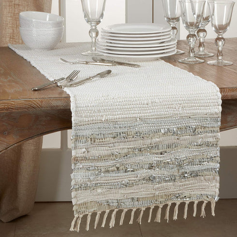 SARO LIFESTYLE Les Fêtes Collection Striped Leather Chindi Table Runner, 16" x 72", Silver