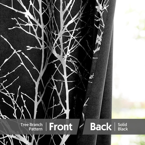 FMFUNCTEX 100% Blackout Curtains for Bedroom, 54 Inch Length Black Branch Panels for Living Room, Thermal Insulated 2