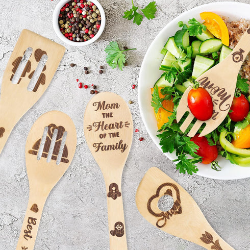 5Pcs Mother's Day Wooden Spoons Utensils Set, Non-Stick Bamboo Cooking Gadget for Mother's Day Gift