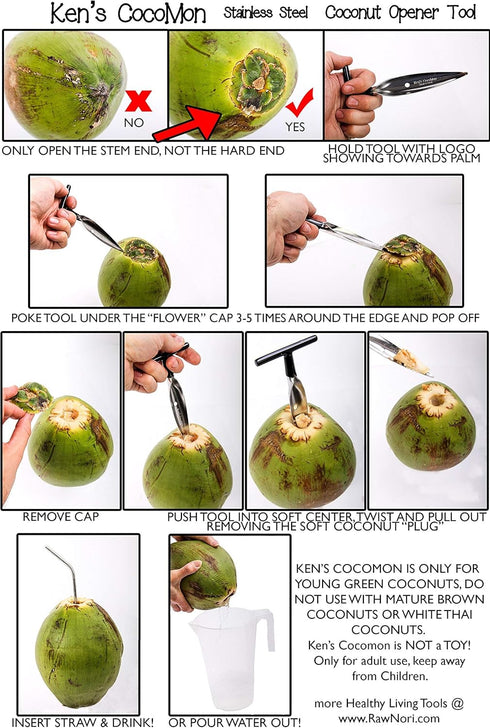 Ken's CocoMon Coconut Opener Tool + Stainless Straw, Black Rubber Handle, Safe with Stainless Steel Straws