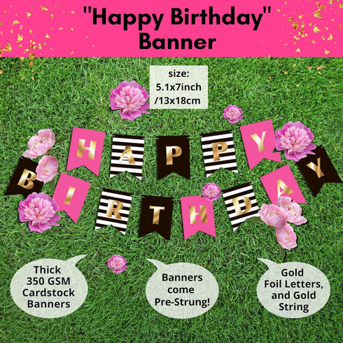 Hot Pink and Black Birthday Decorations, Happy Birthday Banner Garland, Paper Decor, Balloons, Cake Topper, Sash