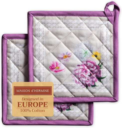 Maison d' Hermine Pot Holders Set of 2, 100% Cotton Heat Resistant Potholders 8" x 8" for BBQ, Cooking, Baking, Pivoine