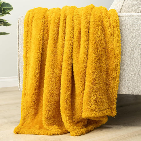 Cozy 60x80 PAVILIA Sherpa Throw Blanket for Couch Sofa, Mustard Yellow Fluffy Warm Plush Blanket for Twin Bed, Super