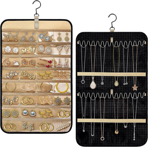 Double Sided Hanging Jewelry Organizer, 32/48 Pockets, 14/21 Hook Loops, Foldable Travel Jewelry Roll Organizer for