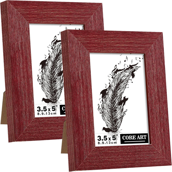 CORE ART Handmade Wood Picture Frame Set of 2, Rustic Red 3.5x5 High Definition Semi-tempered Glass Display