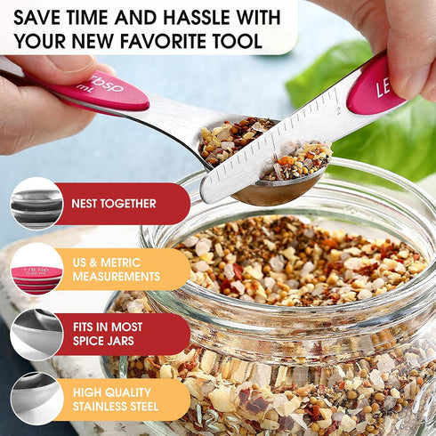 Spring Chef Pink Stainless Steel Magnetic Measuring Spoons Set of 8 with Leveler for Baking and Cooking Ingredients